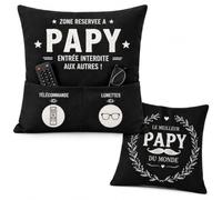 Cadeau Papy, Housse de Coussin 45x45 cm Double Face pour Grand-Père | Cadeau papi pour anniversaire ou Noël, double face avec 2 poches pratiques et messages tendres pour son coin détente