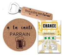 Cadeau Parrain Demande Original - Décapsuleur Gravé « Veux-tu être mon parrain ? » + Carte à Gratter Humoristique + Dessous de Verre - Annonce Baptême Homme