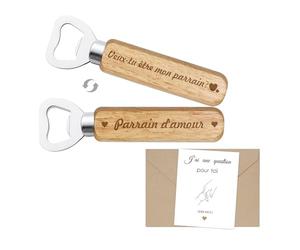 Cadeau Parrain,Idée Annonce Grossesse Ouvre-bouteilles Veux-tu être mon Parrain Décapsuleur Original en Bois et Carte de Vœux J'ai une question pour toi avec Enveloppe pour Naissance Baptême (parrain)