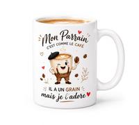 Cadeau Parrain, Tasse Parrain 360 ml en Céramique avec Message Humour Café, Cadeau pour Parrains, Mug Blanc pour Anniversaire Noël Baptême Fête, Café Thé Petit Déjeuner et Souvenir Affectueux
