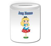 Cadeau personnalisé - Alice assis sur champignon Tirelire (conte de fées Thème Motif, Blanc) - n'importe quel nom/message sur votre Unique - Alice au Pays des Merveilles
