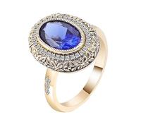 Cadeau Personnalisé Femme Bague Fiançailles Saphir Jaune Or 14 Carats Motif Floral Vintage avec Saphir Bleu Ovale 1 Ct Taille Sœur pour Tante Bijoux