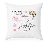 Cadeau Plus Coussin Personnalisé Prénom - La Vie Est Plus Jolie avec Toi Mamie - Coussin Personnalisable, Taie Oreiller Personnalisé, Bonne Fête Mamie Personnalisé, Coussin Personnalisé Mamie