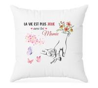Cadeau Plus Coussin Personnalisé Prénom - La Vie Est Plus Jolie avec Toi Mamie - Coussin Personnalisable, Taie Oreiller Personnalisé, Bonne Fête Mamie Personnalisé, Coussin Personnalisé Mamie