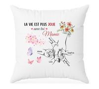 Cadeau Plus Coussin Personnalisé Prénom - La Vie Est Plus Jolie avec Toi Mamie - Coussin Personnalisable, Taie Oreiller Personnalisé, Bonne Fête Mamie Personnalisé, Coussin Personnalisé Mamie