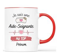 Cadeau Plus Mug Personnalisé Prénom - Je Suis Une Aide-Soignante Au Top - mug aide soignante, tasse aide soignante, cadeau aide soignante (Rouge)