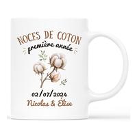 Cadeau Plus Mug Personnalisé Prénom Noces De Coton - Cadeau de Mariage pour Couple, 1 An de Mariage, 1 An Couple, noce de coton, idée cadeau anniversaire mariage (Blanc)