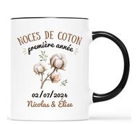 Cadeau Plus Mug Personnalisé Prénom Noces De Coton - Cadeau de Mariage pour Couple, 1 An de Mariage, 1 An Couple, noce de coton, idée cadeau anniversaire mariage (Noir)