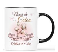 CADEAU PLUS Mug Personnalisé Prénom - Noces de Coton - Cadeau pour Anniversaire Mariage, Saint Valentin, 1 An de Mariage - Tasse Couple Amoureux