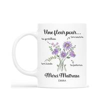Cadeau Plus Mug Personnalisé Prénom - Une Fleur Pour Maîtresse - mug maitresse personnalisé, merci maitresse mug, cadeau personnalisé maitresse, cadeau fin d'année scolaire (Modèle #1)