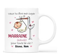 CADEAU PLUS Mug Personnalisé Prénom - Veux-Tu Être Ma Super Marraine Adorée Pour Toute La Vie ? - Cadeau Marraine Baptême, Tasse Personnalisée