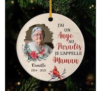 Cadeau Plus Ornement Céramique Personnalisé - J'Ai Un Ange Au Paradis Je L'appelle Maman - Boules de Noel personnalisées, Ornement Noel personnalisé, Portrait commémoratif personnalisé (Modèle #1)