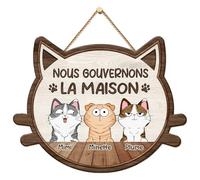 Cadeau Plus Plaque En Bois Personnalisée - Nous Gouvernons La Maison - Plaque Personnalisée, Panneau chat, panneau bois decoratif (3 Chats)