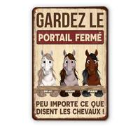 Cadeau Plus Plaque Métal Personnalisée - Gardez Le Portail Fermé Cheval - Plaque metal vintage, decoration murale jardin, plaque de porte personnalisée, pancarte jardin (3 Chevaux)