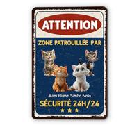 Cadeau Plus Plaque Personnalisée - Attention Zone Patrouillée Par Des Chats - Plaque Deco chat maison, Aluminium 30x20 cm