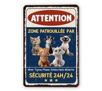 Cadeau Plus Plaque Personnalisée - Attention Zone Patrouillée Par Des Chats - Plaque Déco Maison, Plaque Métal Amoureux Des Chats