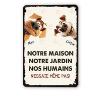 Cadeau Plus Plaque Personnalisée - Notre Maison Notre Jardin - Plaque personnalisée, panneau chien, panneau propriété privée, attention au chien humour (4 chiens)