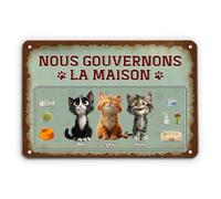 Cadeau Plus Plaque Personnalisée - Nous Gouvernons La Maison Design Cartoon - Plaque Deco chat maison, Panneau en métal pour amoureux des chats, Panneau chat (6 chats)