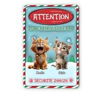 Cadeau Plus Plaque Personnalisée - Zone Patrouillée Avec Chat - Plaque Deco chat maison, En Métal Personnalisée Noël, Panneau chat, Panneau attention au (2 Chats)