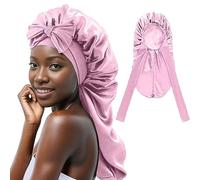Cadeau pour enfant en bas âge - Bonnet tressé extra long - Pliable - Pour tresses - En satin - Avec cravate - Bandeau - Pour la nuit endormie - Pour femme - Chapeau d'hiver sportif, Rose, taille