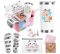 Cadeau pour femme, cadeau pour maman de chat, cadeau pour femme, fête des mères, anniversaire, Noël, panier cadeau sur le thème du chat avec tasse en forme de chat de 590 ml, trousse de maquillage,