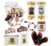 Cadeau pour femme sur le thème de la vache Highland pour les amateurs de vache avec gobelet, tasse, trousse de maquillage, pinces à cheveux, porte-clés, chaussettes, carte de bougie pour les amateurs