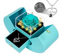 Cadeau pour maman de la part de sa fille et de son fils, idée de cadeau d'anniversaire unique pour mère, véritables roses bleu marine préservées avec collier « I Love You in 100 langues », cadeau cool