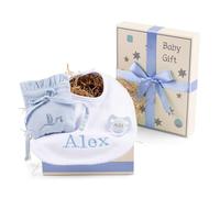 Cadeau pour nouveau-né garçon et fille avec bavoir brodé, étui pour sucette et accessoires, panier idéal pour un cadeau complet, panier personnalisé (Bleu) | BebeDeParis