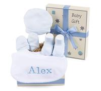 Cadeau pour nouveau-né garçon et fille avec ensemble en coton et bavoir brodé, panier idéal comme cadeau doux et unique, panier personnalisé (Bleu) | BebeDeParis