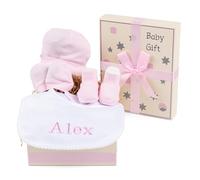 Cadeau pour nouveau-né garçon et fille avec ensemble en coton et bavoir brodé, panier idéal comme cadeau doux et unique, panier personnalisé (Rose) | BebeDeParis