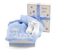 Cadeau pour nouveau-né garçon et fille avec mousseline brodée, sucette et chaussettes, panier idéal pour un cadeau doux, panier personnalisé (Bleu) | BebeDeParis