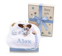 Cadeau pour nouveau-né garçon et fille avec sucette, anneau de dentition et bavoir brodé, panier idéal pour un usage quotidien, panier personnalisé (Bleu) | BebeDeParis
