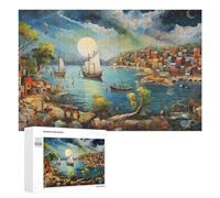 Cadeau Puzzle du Nouvel an - Coastal Village Sunset Scene, Jeu D’Assemblage en Bois, 1000 PCS; pour Partager Un Moment Autour De La Table