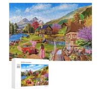 Cadeau Puzzle du Nouvel an - Mountain Village with Rainbow Jigsaw Puzzle, Jeu D’Assemblage en Bois, 300 PCS; pour Partager Un Moment Autour De La Table