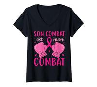 Cadeau Ruban Rose Son Combat Est Mon Combat Cancer Du Sein T-Shirt avec Col en V