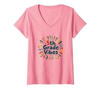 Cadeau Scolaire First Day of Cinquième année 5e année T-Shirt avec Col en V, Femme, Rose, S