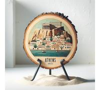 Cadeau souvenir Athènes Grèce - Plaque tranche de bois pour mur ou table, scène vintage d'horizon du Parthénon pour les touristes, collectionneurs d'assiettes et amateurs de voyages, cadeau décoratif