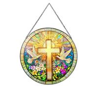 Cadeaux chrétiens, décoration de fenêtre à suspendre avec motif croix, 20 x 20 cm, effet verre délavé, décoration murale religieuse pour église, salon, amis chrétiens, attrape-soleil, cristal