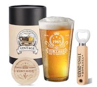 Cadeaux d'anniversaire 40e anniversaire pour hommes, verre de bière vintage 1985, décapsuleur en bois, boîte cadeau de bière, dessous de verre en bois, carte de vœux et poster carte d'anniversaire 40e