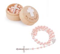 Cadeaux de Baptême My First Rosary, Boîte à Souvenirs de Baptême Collier de Chapelet Rose Cadeaux de Baptême Cadeaux de Première Communion Catholique Boîte à Chapelet pour Baby Shower