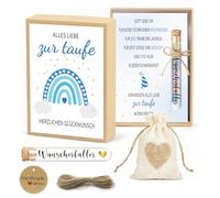 Cadeaux de baptême pour filles et garçons, coffret cadeau de baptême, avec carte « Alles Liebe zur Taufe », boîte cadeau, tube à essai, sac en toile de jute, cadeau de baptême, argent, bon d'emballage