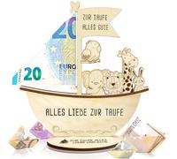 Cadeaux de baptême pour garçons et filles avec guirlande lumineuse LED, « Alles Liebe zur Taufe » - Bateau en bois avec base - Cadeau pour bébé, naissance, baptême, cadeau d'argent, cadeau de baptême