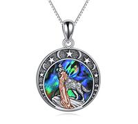 Cadeaux de Bijoux de Loup Collier Pendentif Loup et Jeune Fille Viking Lune en Argent Sterling pour Femmes Filles (Collier loup et fille)
