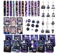 Cadeaux de Fête pour Enfants, 12Pcs DIY Mercredi Autocollants + 12Pcs Slap Band Bracelets + 12Pcs Porte-clés pour Enfants + 12Pcs Sac Cadeau Anniversaire, Wednesday Cadeau d'anniversaire