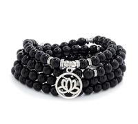 Cadeaux de fleurs de Lotus, perles Mala, 108, Bracelet de guérison, collier, accessoires de méditation (Agate noire (Black Agate))