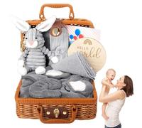 Cadeaux de naissance pour bébé, panier cadeau pour nouveau-né garçon fille, coffret cadeau 7 en 1 pour bébé avec couverture pour bébé, chaussettes, foulard triangulaire, peluche, carte de vœux, carte
