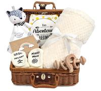 Cadeaux de naissance pour garçons et filles, cadeau 7 en 1 pour nouveau-né avec panier + foulard triangulaire + carte de vœux + chaussettes + peluche + serviette de bain + hochet, panier cadeau avec
