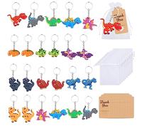 Cadeaux d'invités Porte-clés, 24 Sets de Petits Dinosaures Porte-clés pour Enfants, Animal de Poche avec Sac d'Organza Kraft Tags pour Mariage Anniversaire Communion Cadeau (12 styles)