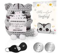 Cadeaux positifs Chat au crochet - Support émotionnel - Chat positif avec carte de motivation - Porte-clés - Poupée de poche - Fait à la main - Porte-bonheur pour amis et collègues - Gris