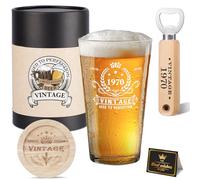Cadeaux pour 55e anniversaire homme, vintage 1970, verre à bière, décapsuleur en bois, boîte cadeau vintage, dessous de verre en bois et carte de vœux, cadeau 55e anniversaire pour hommes